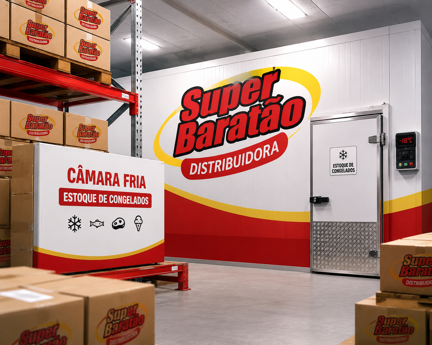 Câmara fria Super Baratão — estoque de congelados a -18°C